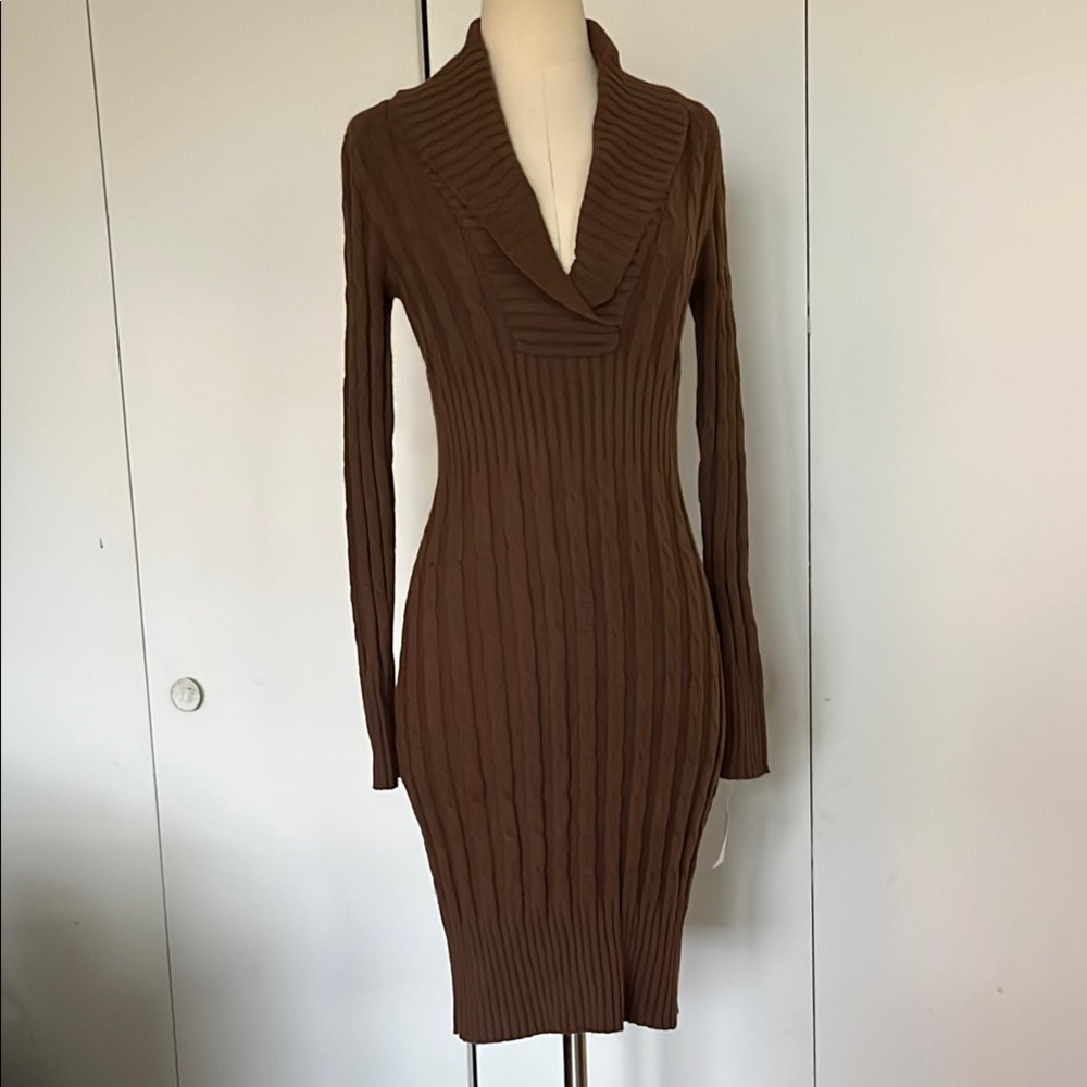 Elegant Brown Ribbed Knit Dress